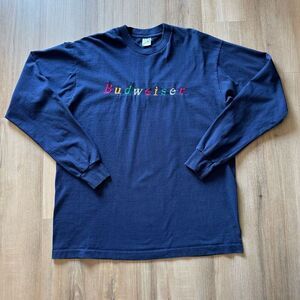 Vintage Budweiser Beer 1990s Navy Blue Long Sleeve Shirt Size XL Single Stitch